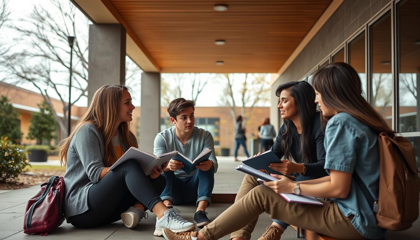Students studying together in modern classroom